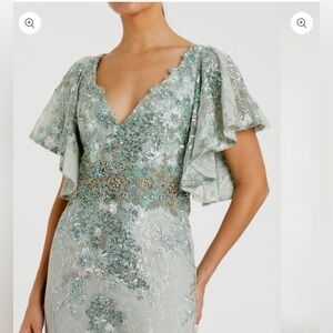 Green Bell Sleeve Floral Embellished Gown